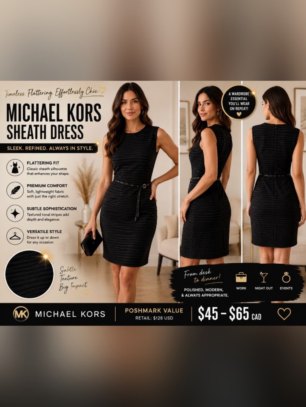 Michael Kors Black Sleeveless Sheath Midi Dress